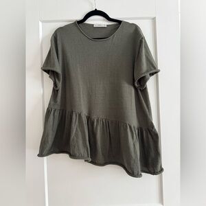 Zara Dark Olive Short Sleeve Asymmetrical Peplum Top, Size S
